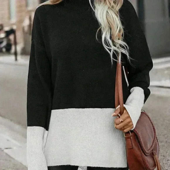 Multicolor Preppy Womens Two Tone Drop Shoulder Split Hem Drop Shoulder Sweater - Picture 6 of 6